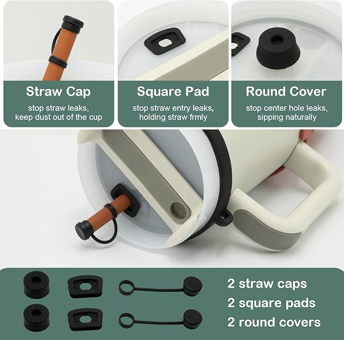 Accessories Set for Stanley 40oz including 6PCS Silicone Spill Proof Stopper 1PCS Straw Cover 1 PCS Siliconce Boot Sleevec 1 PCS Silicone Water Bottle Handle Strap 1PCS Straw & Cleaning Brush