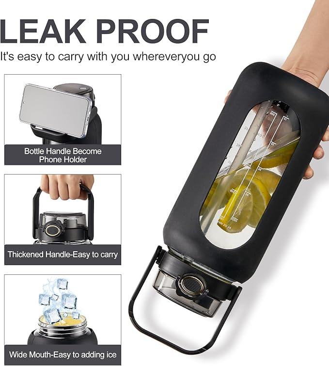 TKK 64 OZ Glass Water Bottle with Straw and Handle Half Gallon Bottle with Silicon Sleeve 2L Sports Water Bottles for Fitness, Gym, Workout - Black