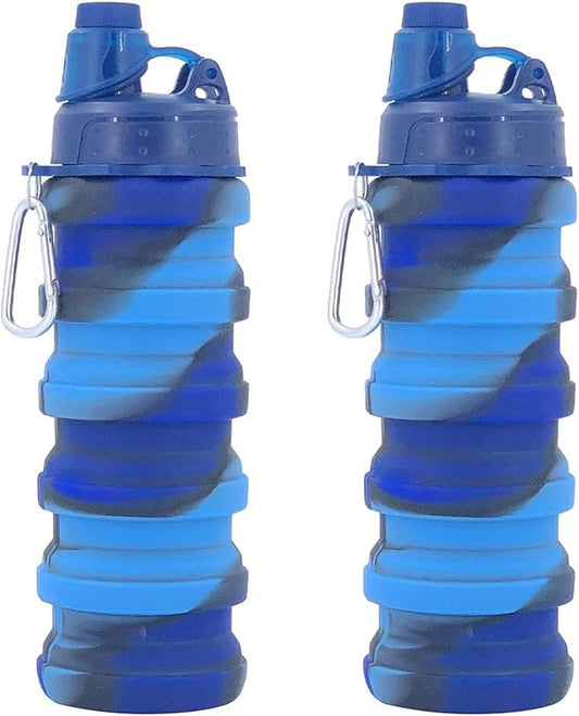 Collapsible Water Bottles Two Pack Travel Sports Portable Sport Water Bottle comes with mountaineering Buckle 500ml silicone Water-proof camping water bottle (Blue camouflage+Blue camouflage)