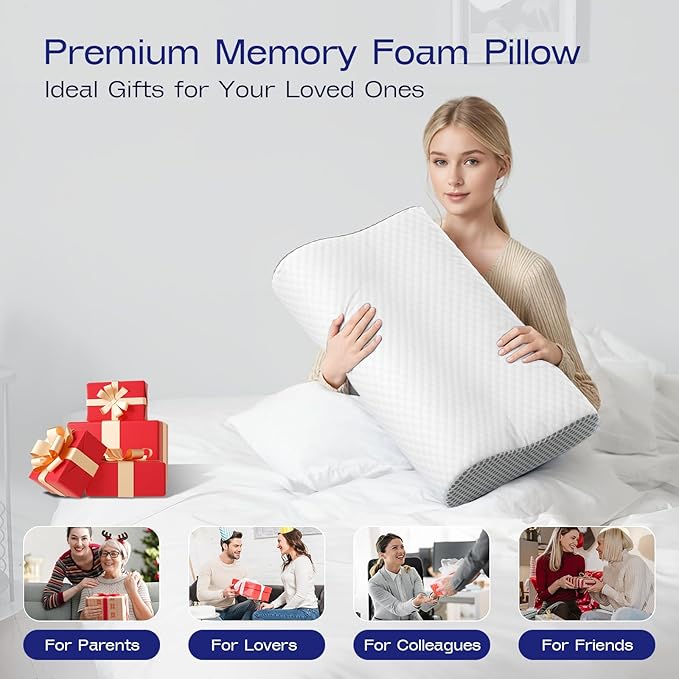Contoured Neck Pillow Memory Foam - Dual Use Cervical Neck Pillow for Sleeping - Soft Bed Pillow for Neck and Shoulder Pain - Ergonomic Side Sleeper Cervical Pillows (Grey White)