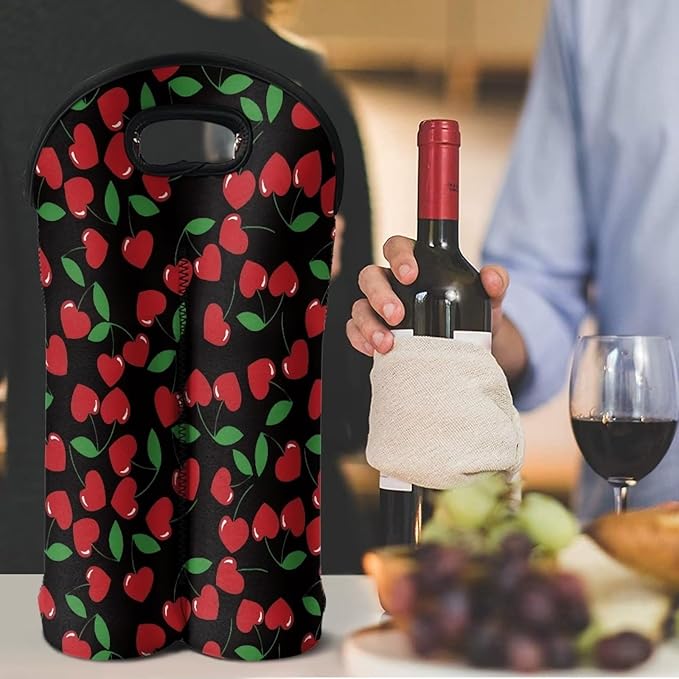 doginthehole Cherry Neoprene Wine Bag 2 Bottle Wine Tote Carrier Wine Accessories for Wine Lovers, Cute Fruit Print Wine Bottle Holder Champagne Beer Bags for for Travel, Party, Wedding, Birthday