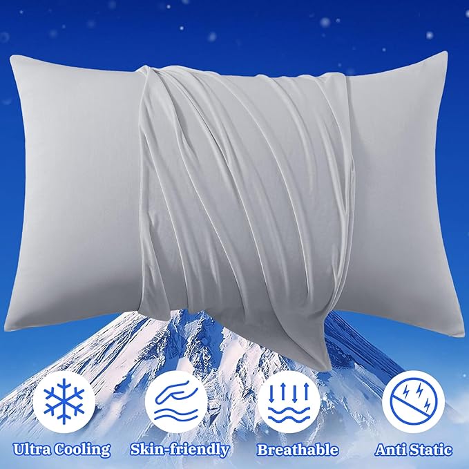 Cooling Pillow Cases for Hot Sleepers - Double Side Arc-Chill Q-Max>0.5 Cooling Fiber Cool Pillow Cases 2 Pack - Breathable Soft Cold Pillow Cases with Hidden Zipper (Light Grey, 20" x 26")
