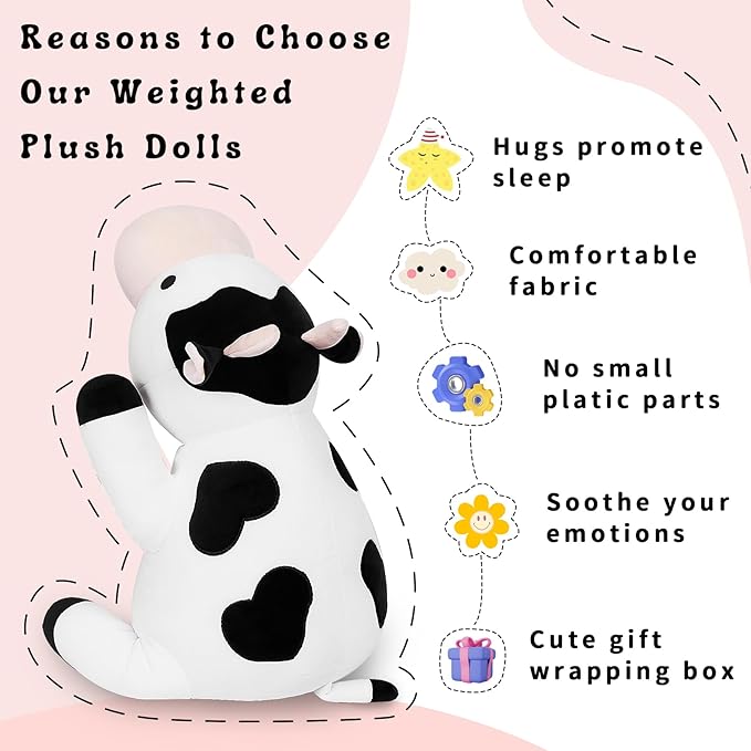 Milk Cow Weighted Plush, 24" 4.2 lbs Weighted Stuffed Animals Series, Cute Cow Plushie Dolls Throw Pillow Birthday Gifts for Children Kids Adults