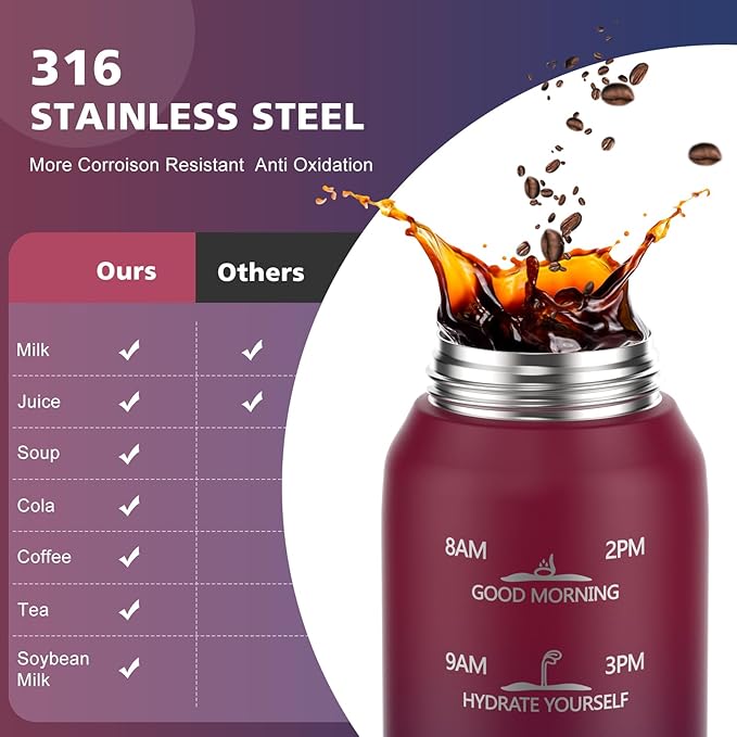 Sports Water Bottle 18/10 Stainless Steel 32oz with 2Lids, 1000ml Insulated Water Bottle Double Walled with Handle, Metal Canteen Keep Cold 48H Hot 24H for Men, Women & Kids