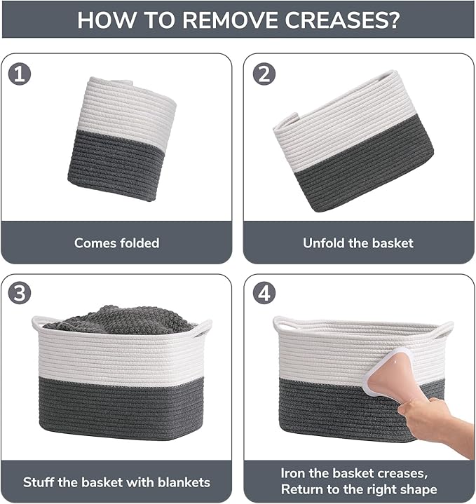 Goodpick Woven Storage Basket for Shelves, Baskets for Organizing, Cotton Rope Basket with Handles, Rectangle Basket for Baby Toy Storage, 13 x 10 x 9 Inches, White & Dark Grey