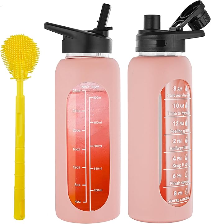 SIEROZUR 32 oz Glass Water Bottle with Straw and Handle Large Sports Motivational Water Bottle with Time Marker and 2 Lids, Leakproof Reusable Water Jug with Silicone Sleeve for Gym