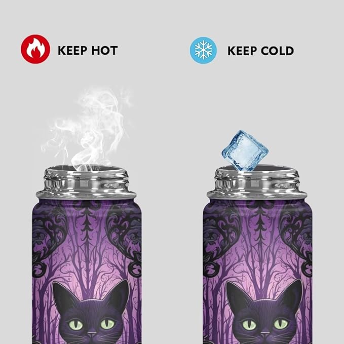 Cat 18 Ounce Water Bottle for Girls Insulated Water Bottles Wide Mouth Stainless Water Bottles Vacuum Reusable Water Bottle Black Cat Cute Kitten Thermal Bottle Purple Black