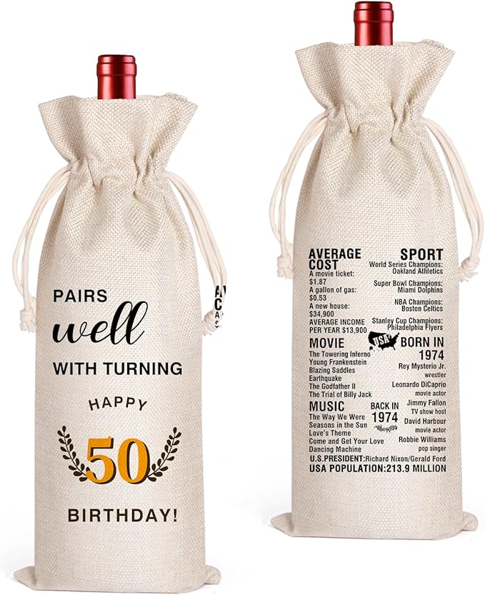 LANBAIHE 50th Birthday Gifts for Her,50th Birthday Gift for Women Men, 50 Years Old Birthday Gifts Wine Bag, 50th Birthday Decorations Party Supplies-1974 Birthday (50 BIRTHDAY)