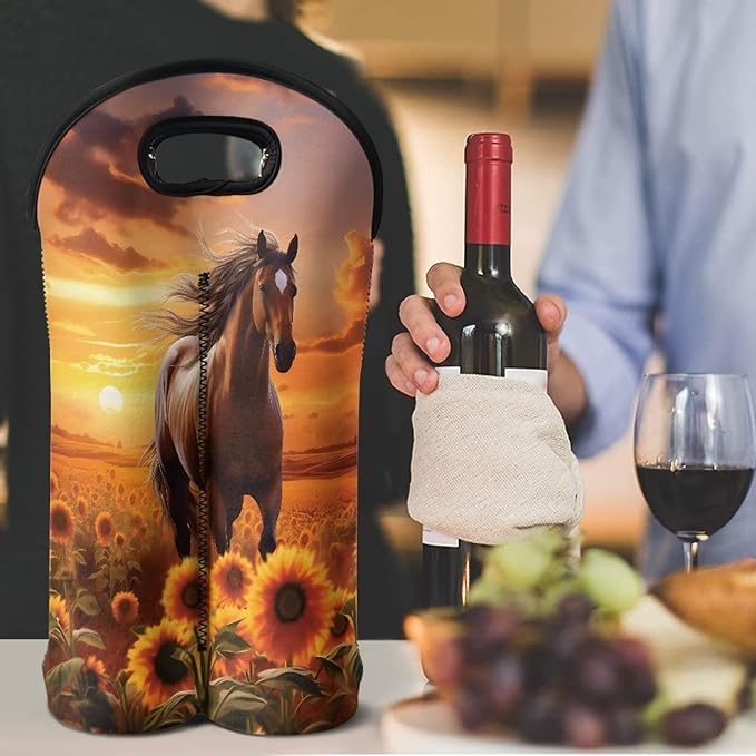 doginthehole Horse Sunset Insulated Wine Tote Neoprene Wine Carrier Bag Sunflower Print Champagne Carrying Bag 2 Bottle Wine Gift Bag for Women Men Portable Wine Travel Bag