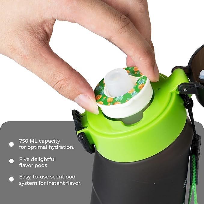 SPARK Air Water Bottle with Flavor Pods,750ML Scented Water Bottle BPA Free, Leak Proof Sports Motivational Water Bottle with Time Marker, Fruit Fragrance Water Bottle with Straw (Black+5 Pods)