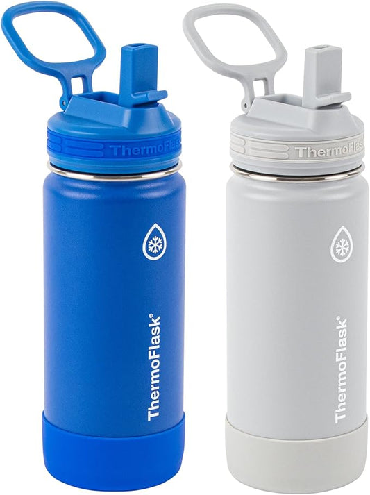 ThermoFlask 16 oz Double Wall Vacuum Insulated Stainless Steel 2-Pack of Water Bottles, Blueberry/Wolf Grey