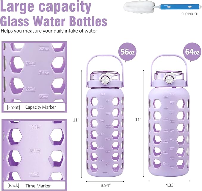 MUKOKO 56oz Glass Water Bottles with Straw and Lid,Motivational Water Jug with Time Marker Reminder and Silicone Sleeve,100% Leakproof BPA Free Fitness Sports Large Bottle-Purple