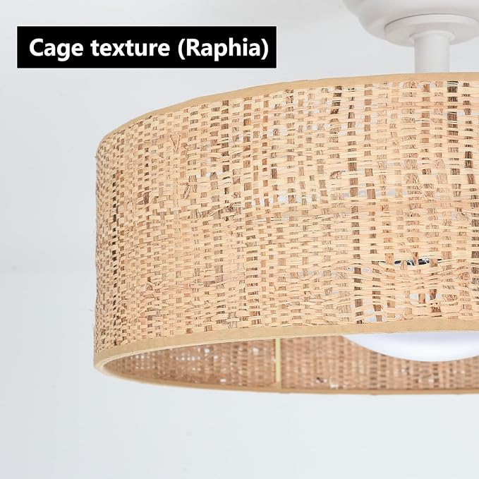 Boho LED Reversible DC Dimmable Ceiling Fan with Light Fixture and Remote Control,Caged Round Cage 3 Blade Small Drum Fandelier for Bedroom Indoor Kitchen Nursery Office Dining Room