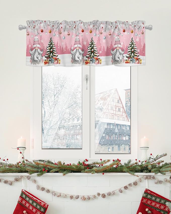 Christmas Gnome Valance Curtains for Kitchen Windows Winter Merry Christmas Tree Balls Rod Pocket Window Treatment Toppers for Kitchen/Living Room/Bedroom/Bathroom, 54" X 18", Pink