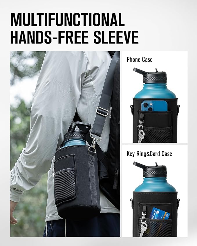 Coolplus 64 oz Water Bottle With Straw Spout Lid, Insulated Half Gallon Water Jug Stainless Steel Double-Walled Vacuum Metal Large Flask With Carry Sleeve, Keep Cold 48 Hrs Hot 24hrs, Blue Black