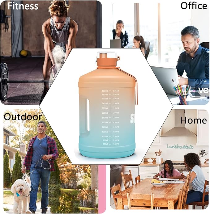 Gallon Big Water Bottle with Handle, 128oz Leakproof BPA Free Fitness Sports Water Bottle with Motivational Time Marker & Wide Mouth Ensure You Drink More Water