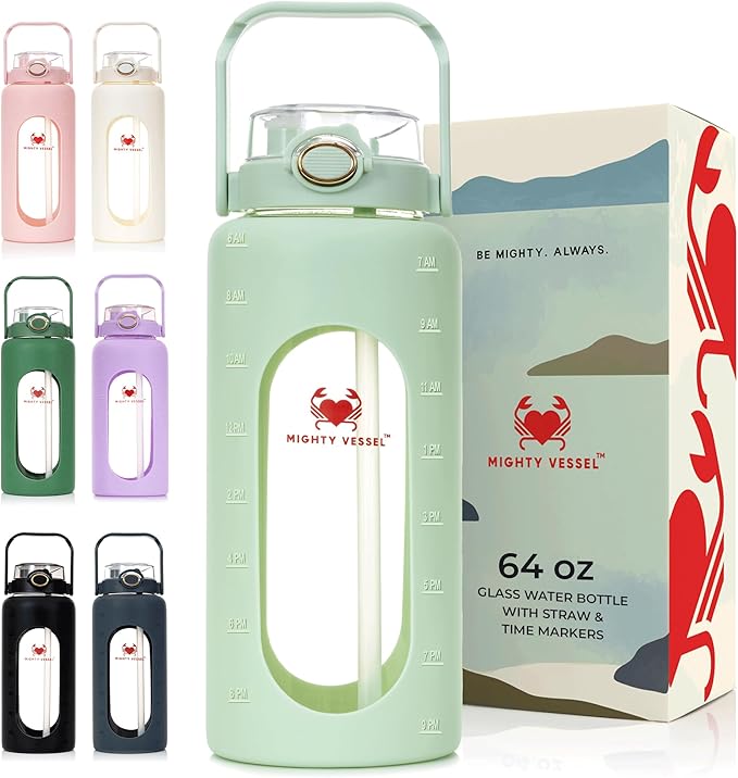 Leakproof 64 oz glass water bottle with Time Markers - Green Large Water Bottle with Measurements - Pregnancy Water Bottle Tracker - Half Gallon Water Bottle with Straw, 2 liter Water Bottle Glass