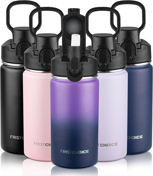 Kids Insulated Water Bottle with Straw,14oz Stainless Steel Water Bottle,BPA-free and Leak-proof,Double Wall Vacuum Water Flask for School,Gifts for Boys and Girls（14oz,Purple Navy blue）