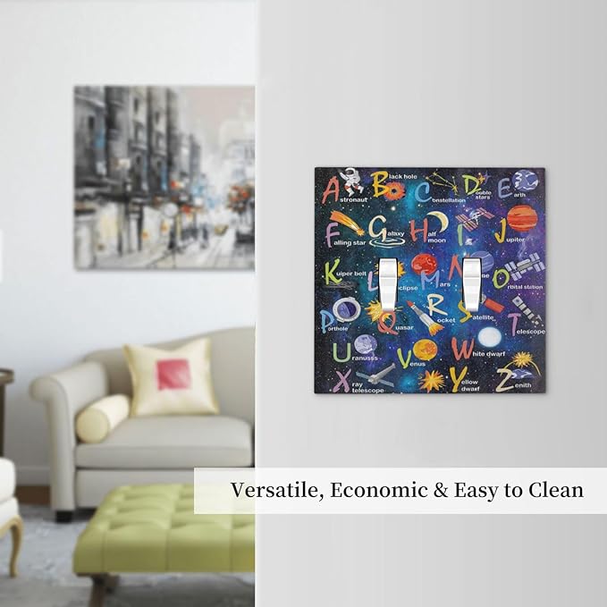 ABC Outer Space Double Toggle Light Switch Cover Decorative Alphabet Galaxy Boys Educational 2 Gang Wall Plate Electrical Faceplate Switchplate for Kidroom Nursery Boyroom Living Room Decor