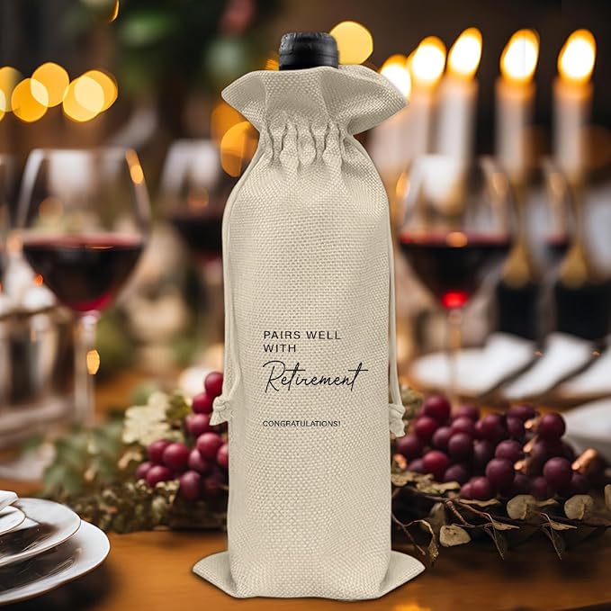 HOIJAUMAI Retirement Gift Wine Bag, Retired Gifts for Women Men, Going Away Goodbye Farewell Gifts for Coworker Friends, Pairs Well with Retirement Burlap Drawstring Wine Bag