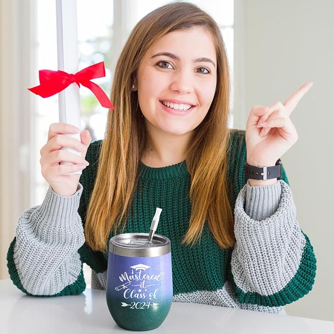 Lifecapido Graduation Gifts, Mastered it Class of 2024 12oz Wine Tumbler with Keychain, 2024 High School College Masters Degree PHD Graduation Gifts for Her Graduates Friends Classmates, Gradient