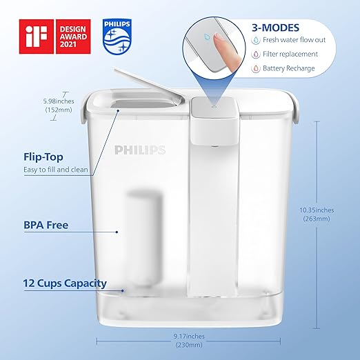 PHILIPS GoZero Next-gen Instant Water Filter Pitcher, Rechargeable Battery, Mirco-X Clean Technology, 3L 12 Cups, 1L/min Fast Flow, Countertop Filtered Water Purifier Jug for Tap Water, 1 Filter