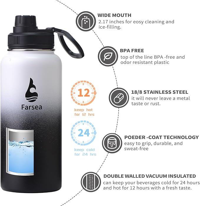 Farsea Insulated Water Bottle With Paracord Handle, Protective Boot and 2 Lids (Straw Lid & Spout Lid), Stainless Steel Water Bottle Wide Mouth, Double Wall Sweat-Proof BPA-Free, 32 oz