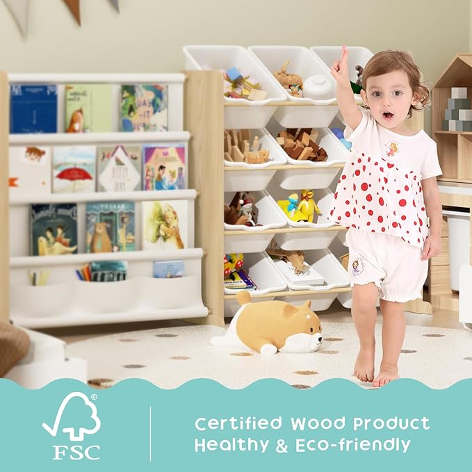 Kids Toy Storage Organizer - Toy Organizer with Kids Bookshelf, Toy Storage with 12 Toy White Bins and 4 Book Shelves, Toy Organizers and Storage for Playroom, Nursery, Kids Room, Burlywood