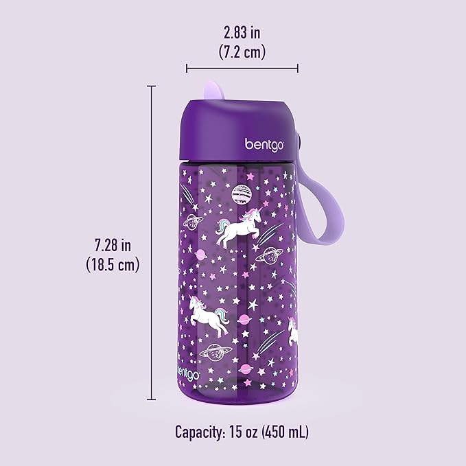Bentgo Kids Water Bottle - Leak-Proof, Durable Tritan™, BPA-Free 15 oz. Cup for Kids/Toddlers Ages 3+ - Flip-Up Straw & Dishwasher Safe for School, Sports, Daycare & Camp (Unicorn)