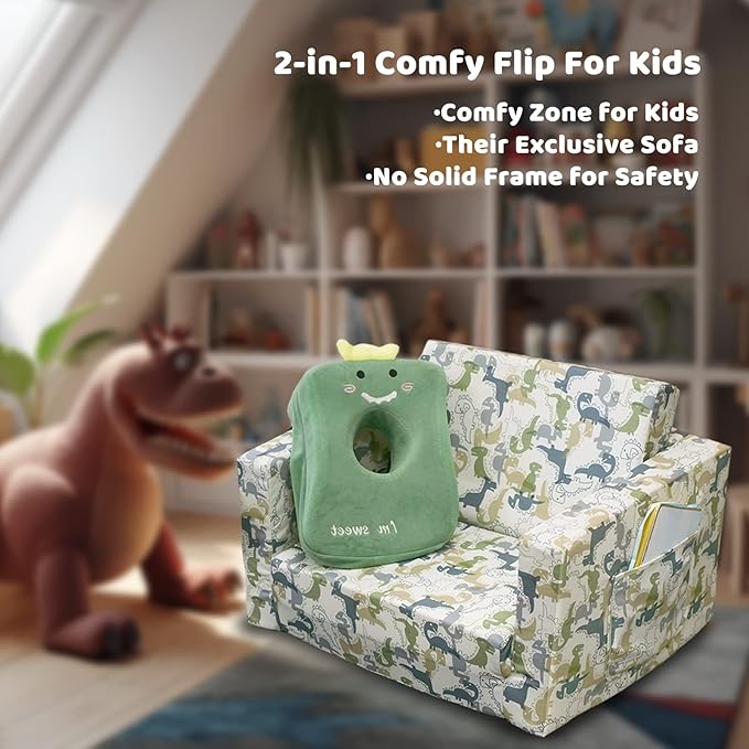Kids Sofa, Children's 2 in 1 Convertible Sofa to Lounger - Extra Soft Flip Open Chair & Sleeper, Cute Dinosaur Print Toddler Chairs Kids Couch for Kids Girls Boys