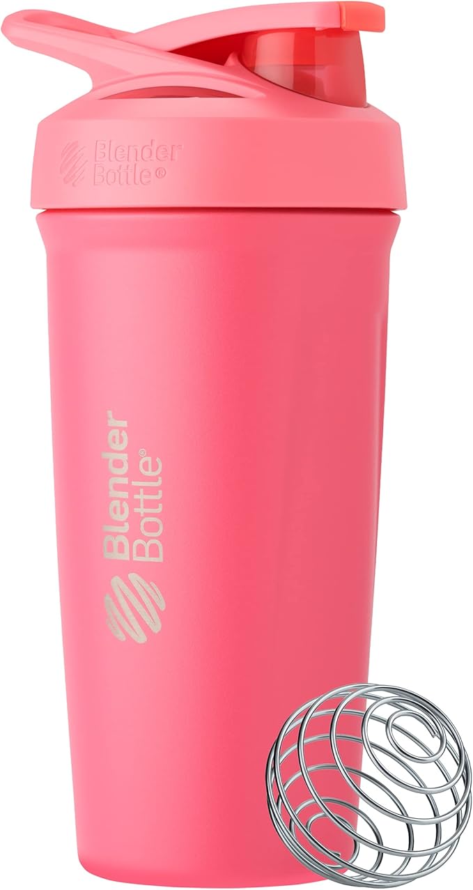 BlenderBottle 24-Ounce Stainless Steel Shaker Cup Bundle with Wire Whisk, Pink and Black