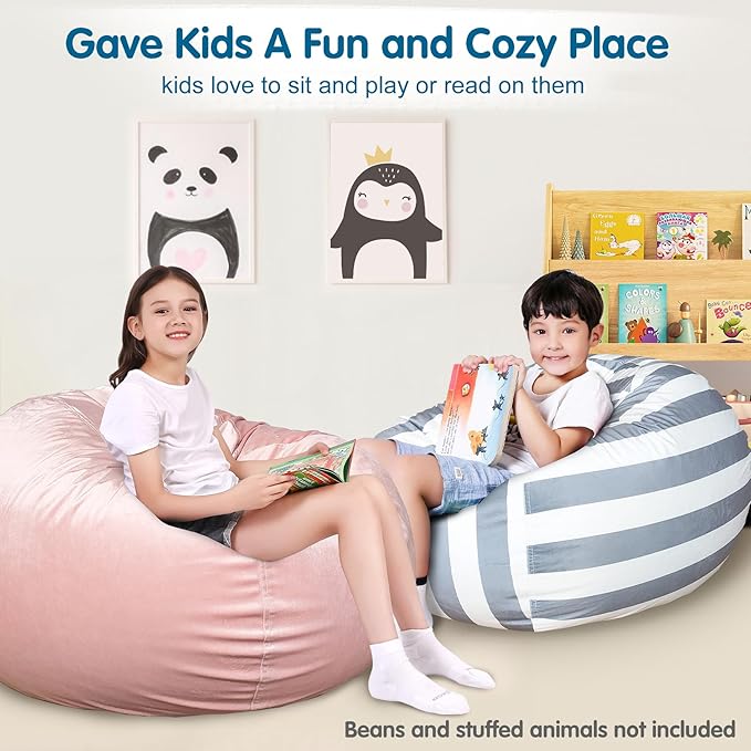 Lukeight Stuffed Animal Storage Bean Bag Chair Cover for Kids, Zipper Beanbag Chair Cover for Organizing Toddler and Kids' Rooms Plush Toys (Gray+White Velvet, X-Large)