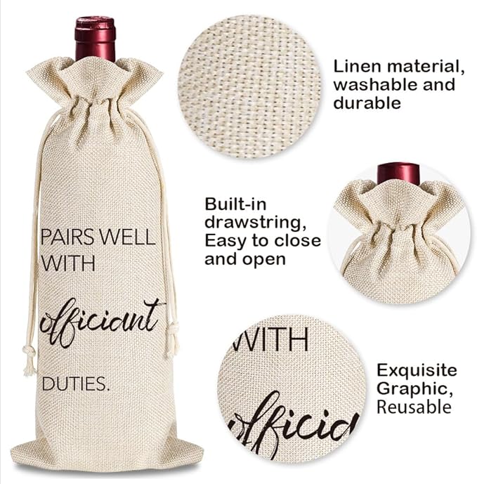 YAANUNULU Wedding Gifts for Officiant, Wedding Officiant Wine Bag for Wedding Day, Best Officiant Ever, Pairs Well With Wedding Officiant, Drawstring Burlap Wine Bag, 1 Wine Bag with 1 Thankful Card
