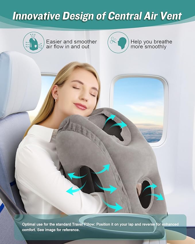 JefDiee Inflatable Travel Pillow, Airplane Neck Pillow Comfortably Supports Head and Chin for Airplanes, Trains, Cars Office Napping on The Tray Table (Grey)