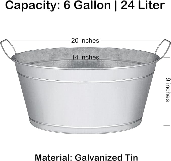 Large 6-Gallon Galvanized Tin Beverage Tub, 20x14x10 inches (Pack of 6)