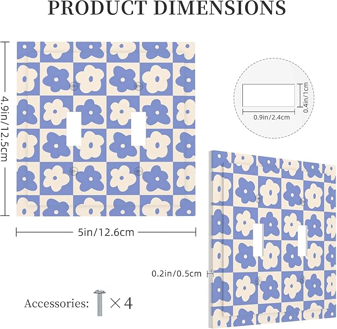 Blue and Cream Floral Checked Plaids Double Toggle Light Switch Covers 2 Gang Wall Plate Dual Decorative Switchplate Electrical Faceplate for Bathroom Country Kitchen Bedroom Decor, 4.9" x 5"