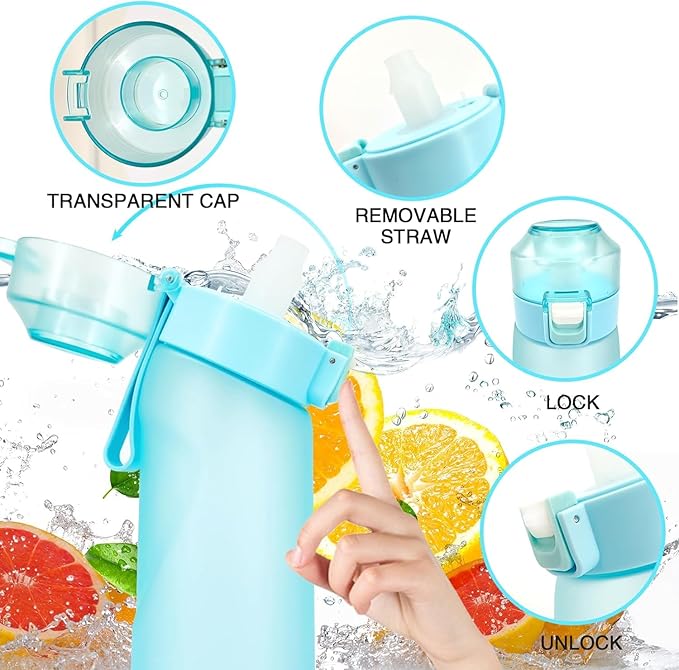 Air Water Bottle 8PCS Flavor Pods 22oz Fruit Fragrance Scented Water Cup BPA Free 0% Sugar For Outdoor Sports,Gifts From Friends (1 bottle Matte Blue+7 pods in random flavors)
