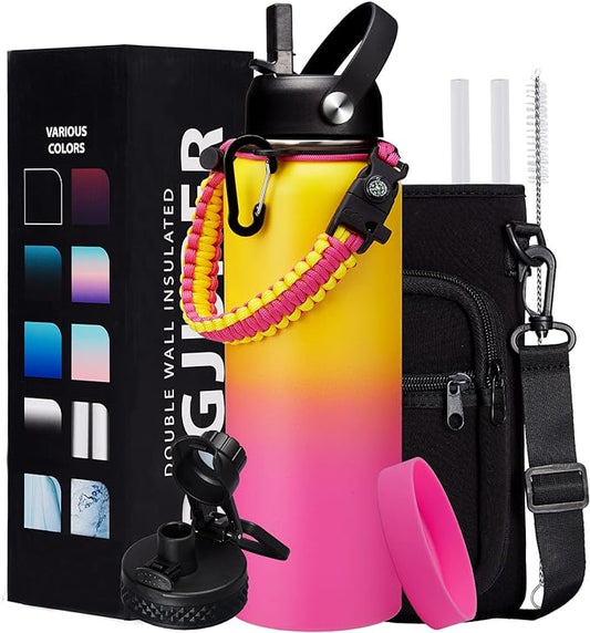 40OZ Insulated Stainless-Steel Water Bottle - Reusable Metal Water Bottles with Straw & Spout Lids, Paracord Handle & Bottle Carrier Pouch, Leakproof Workout Water Bottle Flask for Women Men