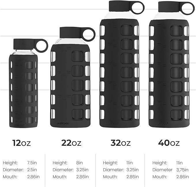 purifyou Premium 40/32 / 22/12 oz Glass Water Bottles with Volume & Times to Drink, Silicone Sleeve & Stainless Steel Lid Insert, Reusable Bottle for Fridge Water, Milk, Juice (22oz Jet Black)