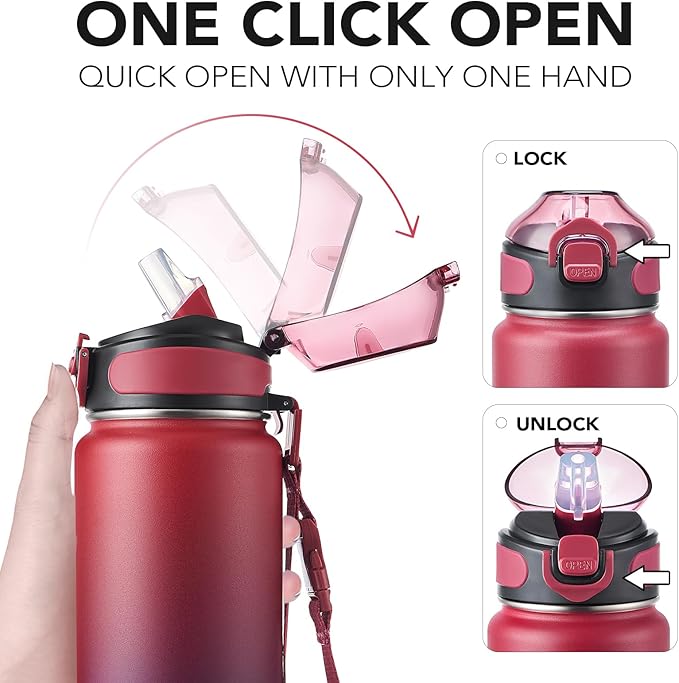 Enerbone Insulated Water Bottle, 32 oz Stainless Steel Water Bottles with Carrying Strap, Double-Wall Vacuum Insulation Thermos, Leakproof Sports Bottle with Straw, Keep Drinks Hot or Cold for Hours