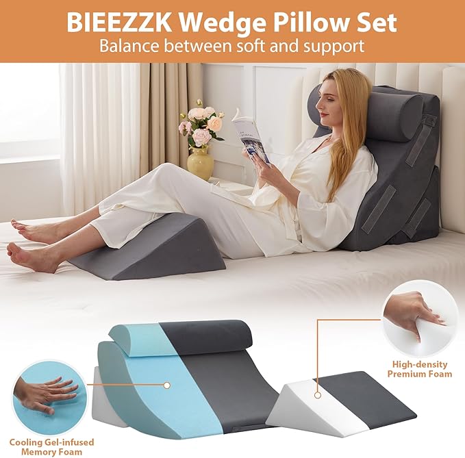 Orthopedic Bed Wedge Pillow Set 4PCS, Wedge Pillow Set for Back Pain Relief, Sitting up in Bed, Post Surgery, Acid Reflux, Snoring&GERD, Body Pillow for Sleeping,Leg,Neck,Shoulder Support, Velvet Grey