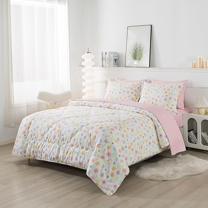 Wajade Floral Comforter Set Bed in A Bag Twin Size 7 Piece Pink Botanical Flower and Green Leaves Bedding Set for Girls (1 Comforter, 1 Flat Sheet, 1 Fitted Sheet, 2 Pillowcase and 2 Pillow Sham)