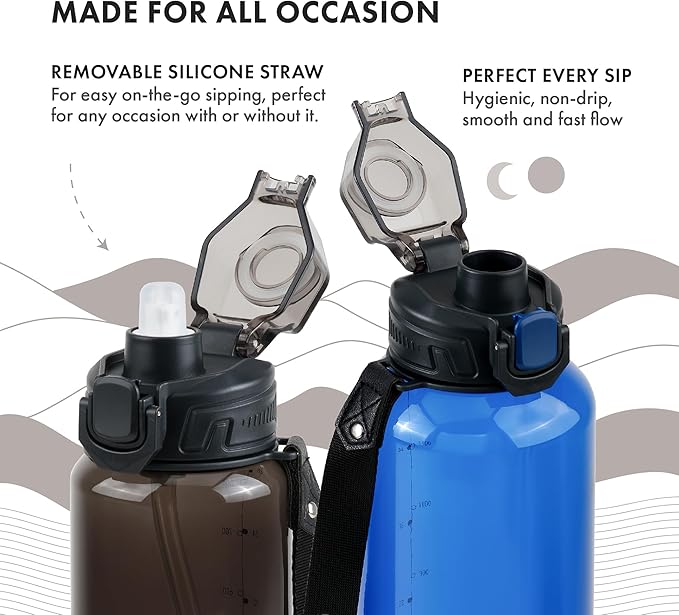 GRANDTIES Sports Tritan Plastic Water Bottle with Straw, Removable – Leakproof BPA Free Dishwasher Safe Travel Water Bottle with Strap for Gym, Outdoor, Fitness (Midnight Black, 52oz (1.5L))