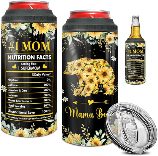 winorax Mom Gifts Mama Bear Tumbler 4-in-1 Can Cooler Mom Nutrition Facts Tumblers Sunflower Style Stainless Steel 16oz Travel Cup Mother's Day Christmas Birthday Gifts from Daughter Son