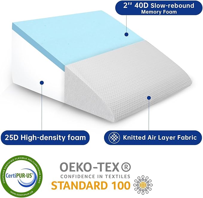 QUINEEHOM Wedge Pillow for Sleeping, 12 Inch Triangle Bed Wedge for Adults, Memory Foam Wedge with Washable Cover, Hypoallergenic 30 Degree Pillow Wedge for Acid Reflux, Knee, Snoring, Light Grey