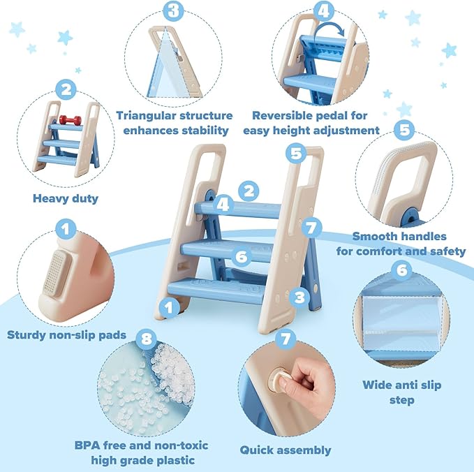 Folding Toddler Step Stool for Bathroom Sink,Adjustable 3 to 2 Step Stools for Toilet Potty Training,Sturdy Kids Step Stool for Kitchen Counter with Handle,Blue