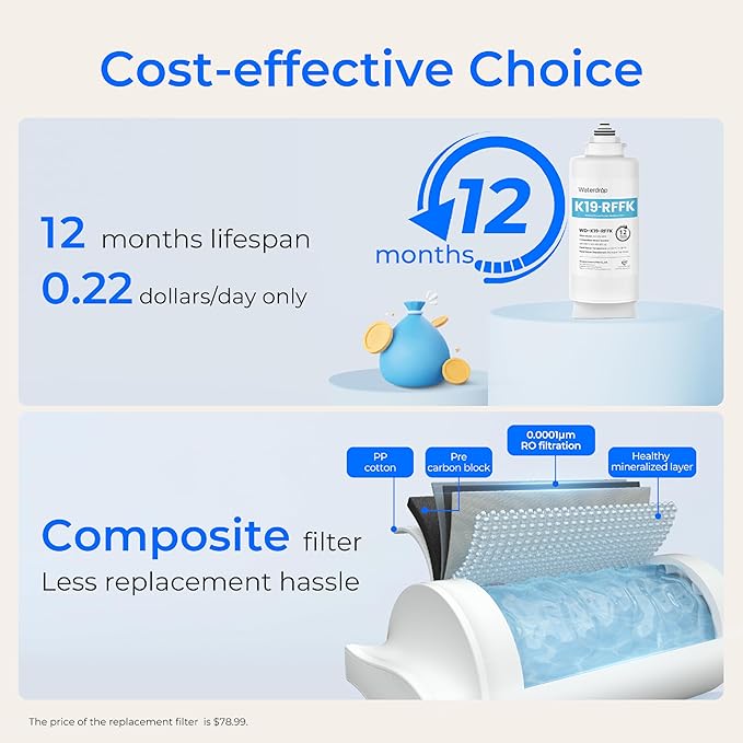 Waterdrop WD-K19RF-FK Filter, Replacement for WD-K19-SFK Countertop Reverse Osmosis System, 12-month Lifetime