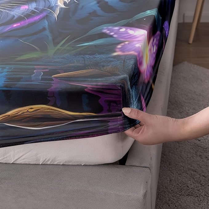 AILONEN Tiger Fitted Sheet Set Twin XL Size, Fairy Starry Forest Cute Tiger Sheet Wildlife Bed Sheet Set,3 Pieces Printed Fitted Sheet with 2 Pillowcases