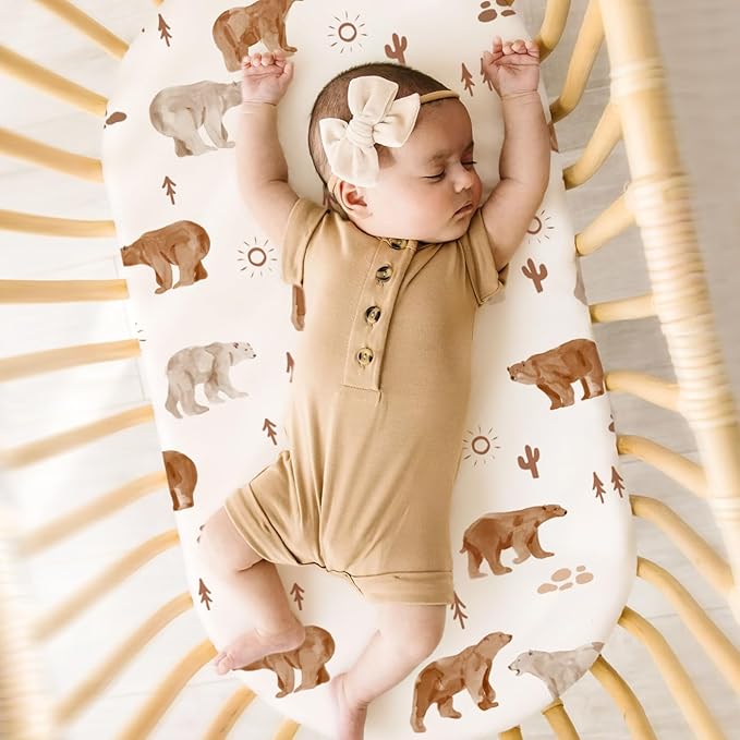 GRSSDER Stretchy Ultra Soft Bassinet Sheet 3 Pack, Universal Fit for Bassinets Baby Cradle Moses Basket Oval Rectangle Mattress or Changing Table Pad Safe and Snug, Stylish Print of Sunny Bear