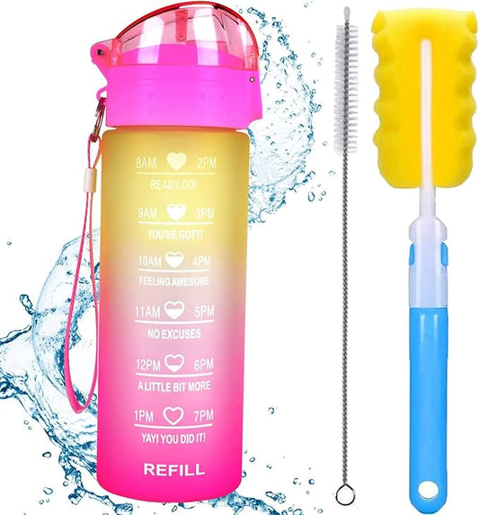 XACIOA Water Bottle with Straw,18oz Plastic Cup with Motivational Time Marker,1L Tritan Sport Lightweight Leakproof BPA-Free,Wide Mouth Fast Flow Ensure You Have Times to Drink,with Straw & Cup Brush